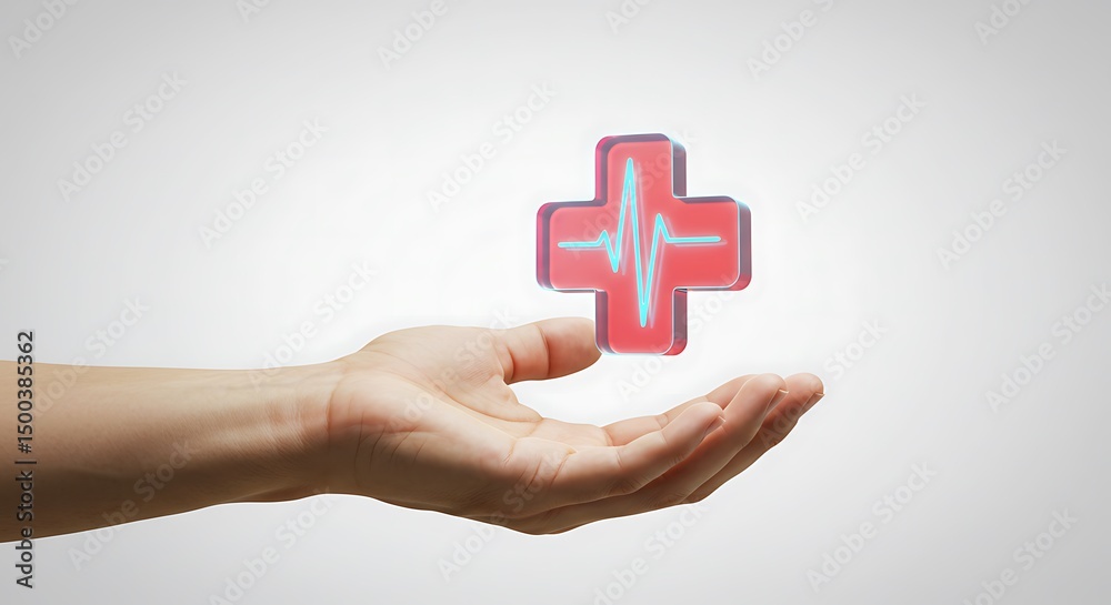 Obraz premium Digital Health Icon Hovering Over A Realistic Palm Featuring Transparent Medical Cross And Vital Signs Pulse Line For Telemedicine And Health Monitoring Concepts