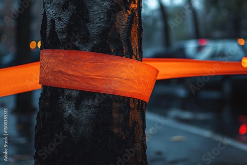 Close-up of a dark tree trunk wrapped tightly with a vibrant orange ribbon on a rainy urban street with blurred vehicles and trees in the background