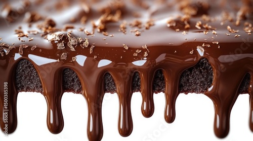 Close-up of rich chocolate cake with glossy melted chocolate dripping and chocolate shavings on top