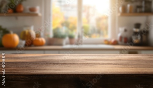 Blurred autumn kitchen, wooden table top