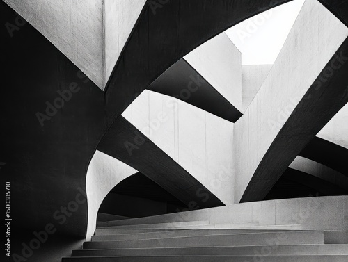 Monochrome architectural interior featuring sweeping curved concrete beams and angular structures with descending steps creating dramatic contrast and depth