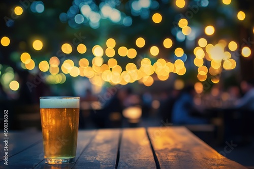 Golden beer in a glass on a patio table at dusk