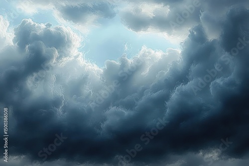 Fototapeta Naklejka Na Ścianę i Meble -  Dramatic sky filled with thick dark storm clouds and patches of light blue sky breaking through