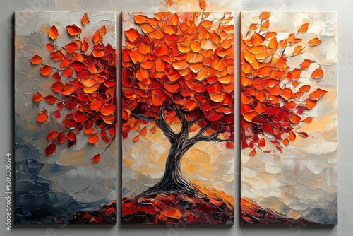 Vibrant red and orange textured tree with thick trunk on a hill against a soft grey and beige sky across three panel canvas