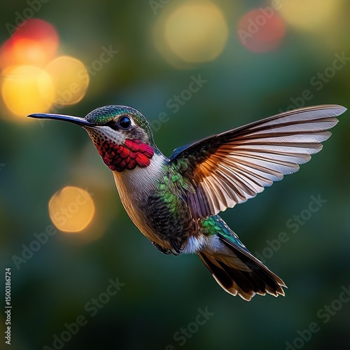 Close-up of a colorful hummingbird in mid-flight with its wings fully spread against a softly blurred background with warm, glowing bokeh lights