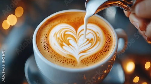 Close-up of a cup of coffee with heart-shaped latte art being created by pouring milk, evoking warmth and cozy atmosphere with blurred warm lights in the background