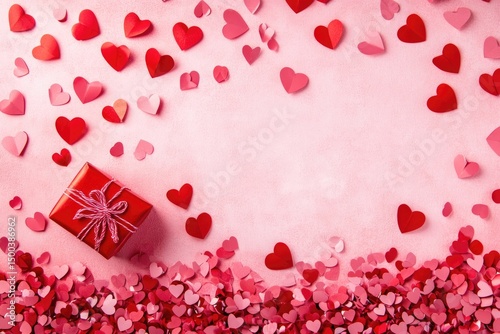 Valentine's Day hearts and gift box on a pink background