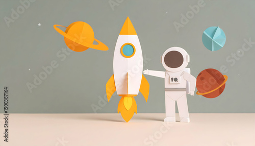 Paper Craft Rocket with Paper Planets and Astronaut in Outer Space on a Blue Starry Background