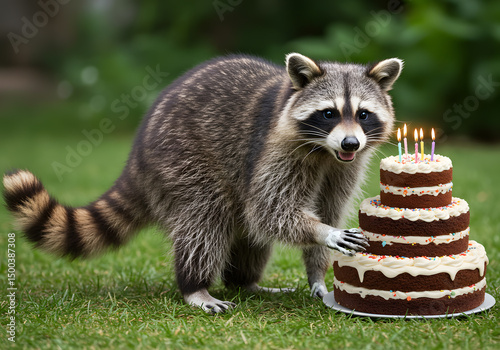 Raccoon with birthday cake outdoor