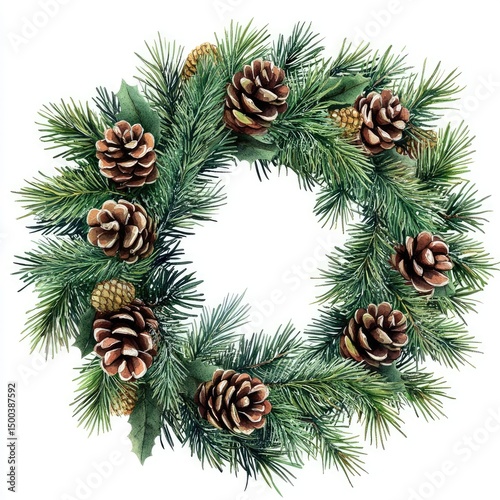 Circular Christmas wreath with pine boughs, cones, and holly