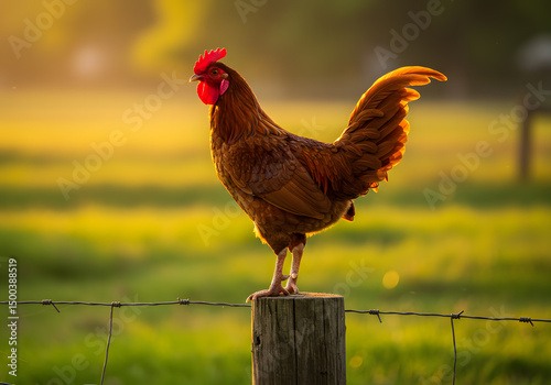 Rooster on fence post sunrise