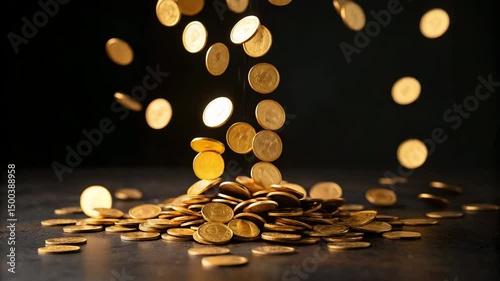 Falling gold coins creating a pile on dark textured surface  