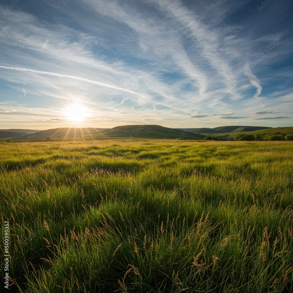 Fototapeta premium Photo A Golden Sunset Over Green Field With Blue Sky And Clouds