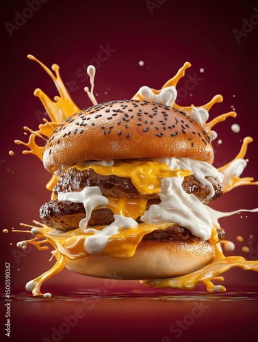 Close-up of a juicy beef burger with melted cheese and yellow sauce on a sesame bun