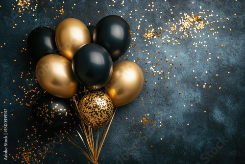 Black and gold balloons on a dark background scattered with glitter