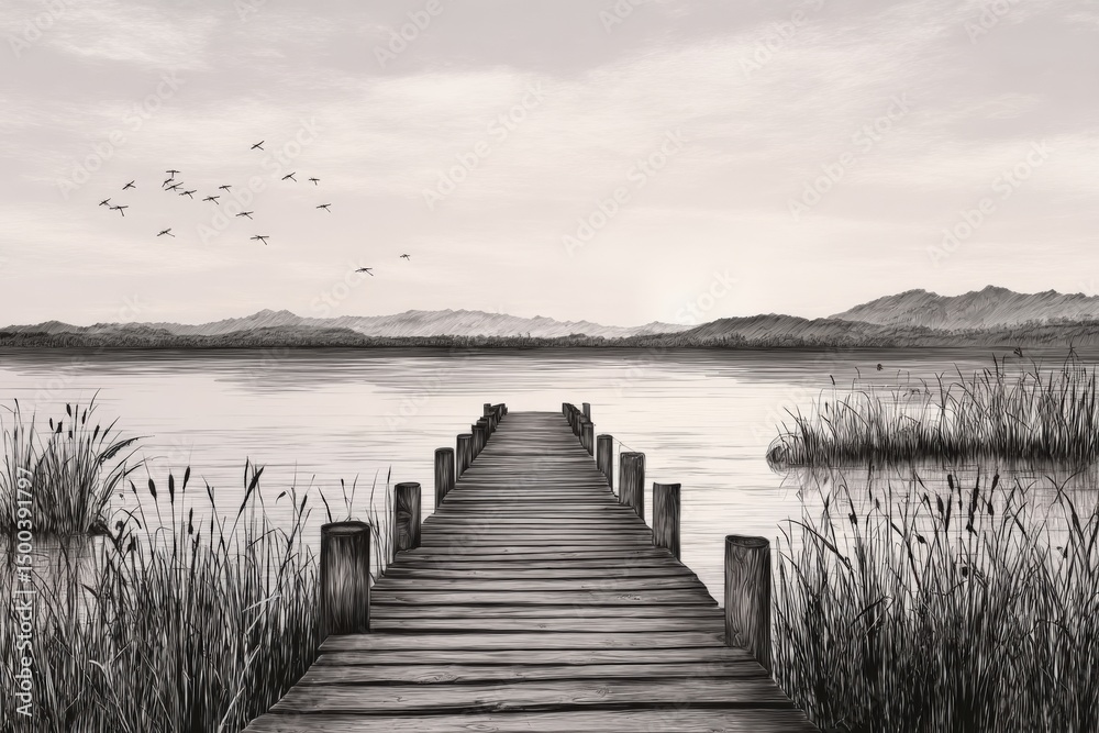 Fototapeta premium Serene black and white illustration of a wooden pier extending into a calm lake, surrounded by tall grass and distant mountains, evoking tranquility and nature's beauty
