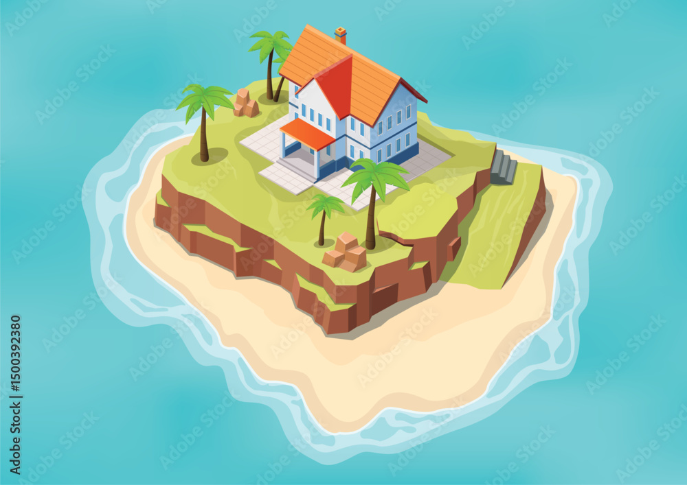 Obraz premium Isometric beautiful island with villa or house on the sea