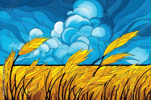 Vibrant yellow wheat field swaying gently in the breeze under a bright blue sky filled with fluffy white clouds, capturing the essence of a serene rural landscape