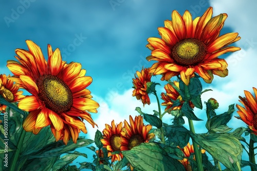 Vibrant sunflowers with bold yellow and orange petals sway gently in a lush green field under a bright blue sky, creating a stunning floral landscape with natural beauty