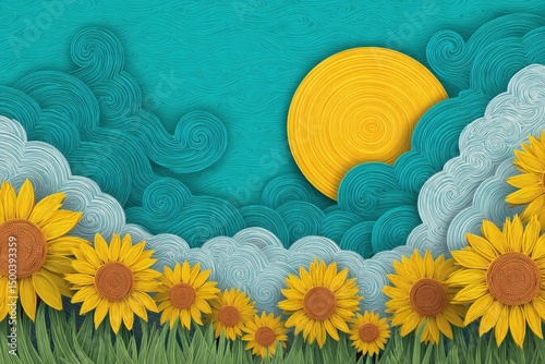 Vibrant paper art illustration featuring sunflowers in a lush green field under a bright yellow sun and swirling blue clouds, creating a cheerful summer atmosphere