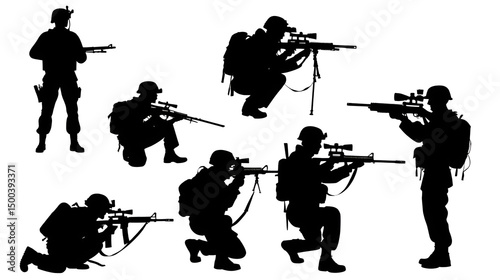 Army soldiers with sniper rifle on duty vector silhouette on whote background, Jawan black silhouettes collection