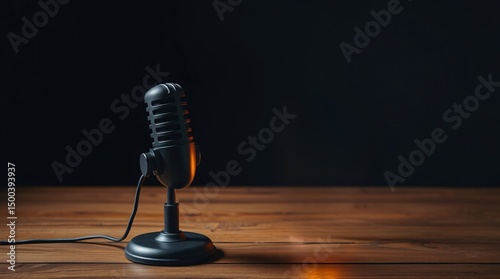 Podcast cable microphone on a wooden table with a dark background.