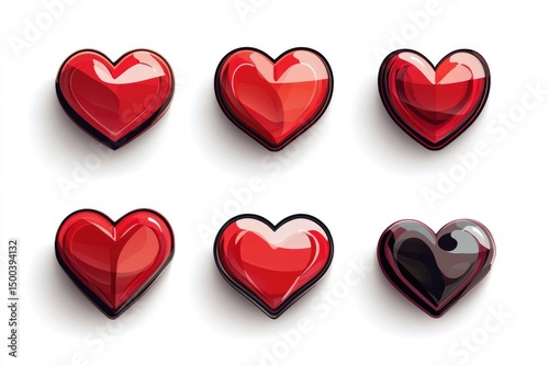 Six glossy red and black heart shapes, digitally rendered photo
