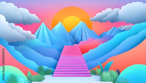 Pink stairs to sunset mountains.