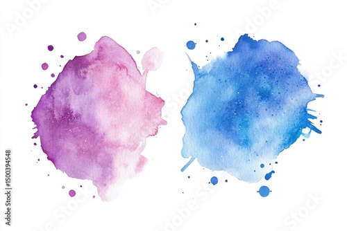 Two watercolor blots, one pink-purple, one blue, on white background