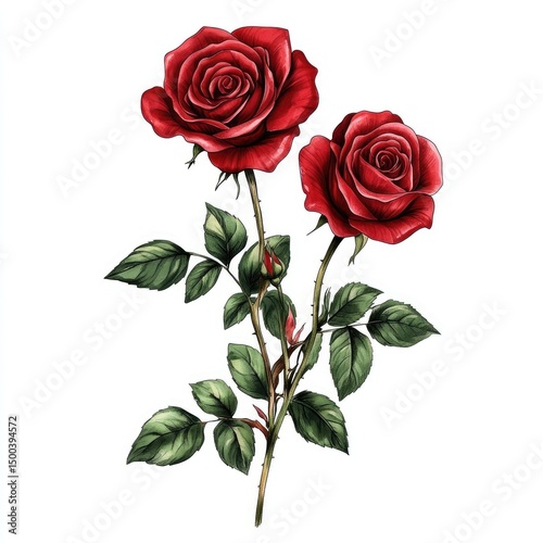 Two vibrant red roses on a stem with green leaves