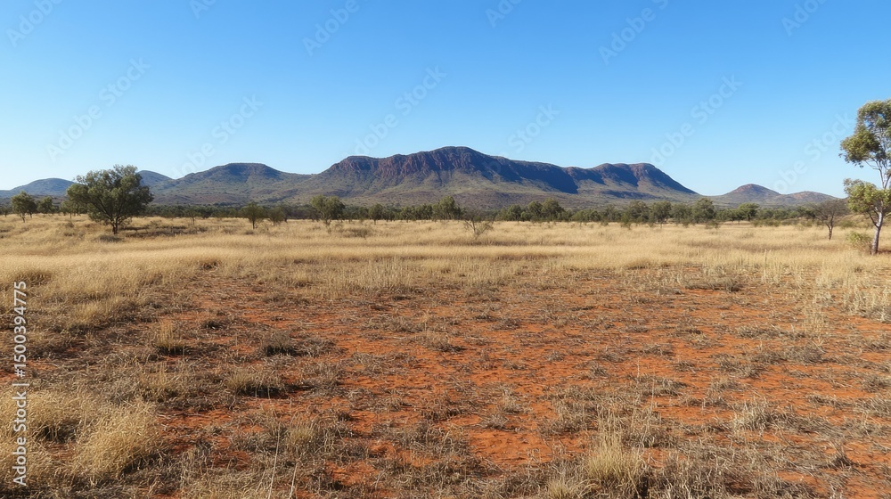 Obraz premium Distant mountain range framed by undulating red dunes and a perfectly clear desert sky
