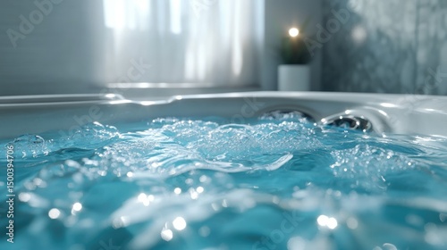 Detailed view of jacuzzi bubbles rising to the top with chrome jets just below the waterline