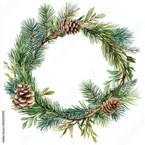 Watercolor wreath of pine branches, cones, and greenery