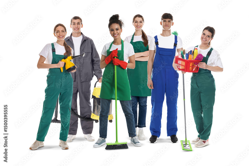 Obraz premium Team of professional janitors with supplies on white background. Cleaning service