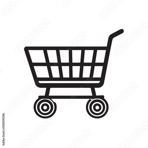 Outline of a black shopping cart with wheels shown against a transparent background