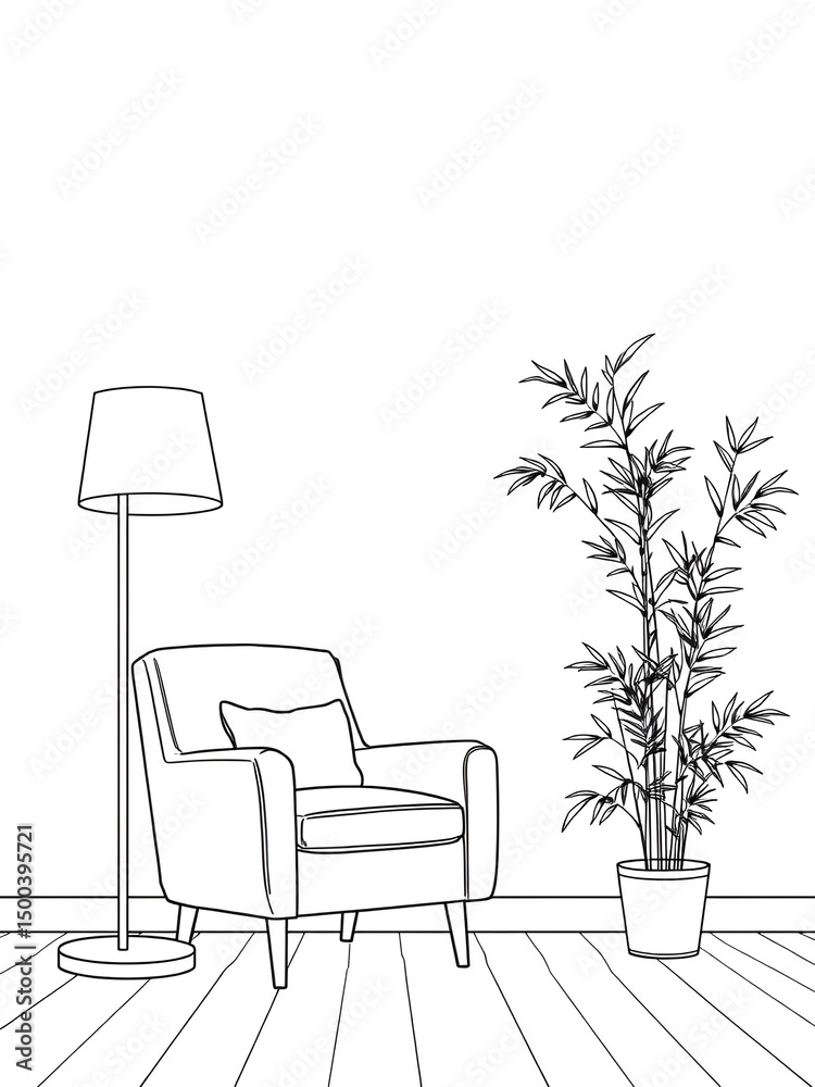 Fototapeta premium Continuous one line drawing of living room interior. Armchair ,flloor lamp and bamboo plant in single line draw illustration. Editable stroke.