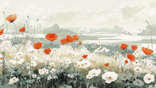 Soft-focus field of poppies and wildflowers