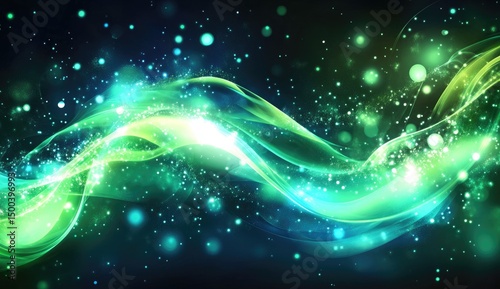 Abstract glowing waves of vibrant green and teal, dotted with shimmering lights on a dark background