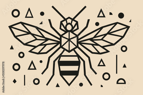 Geometric bee illustration with abstract shapes and lines  