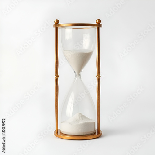 Hourglass sand flowing from upper to lower bulb showing the passage of time on neutral background