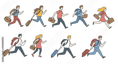 People running with Luggage and bags in their hands. Men, women actively moving. Travel. Linear set of characters. Illustration isolated in doodle style