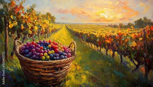 Sunset Vineyard Harvest Basket Grapes.
