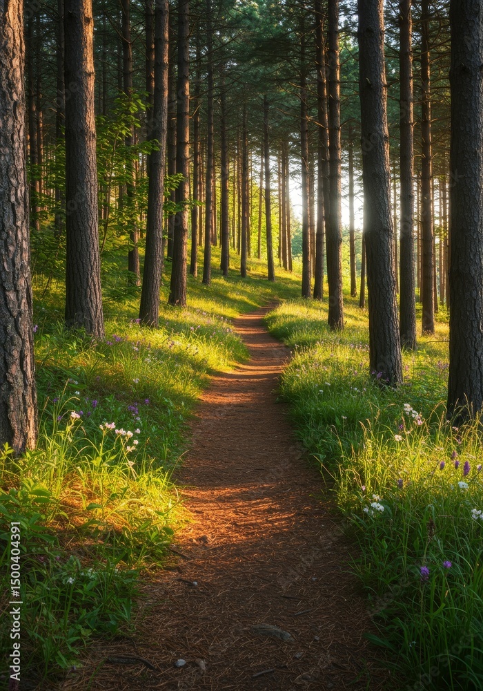 Fototapeta premium Photo of a Lush Forest Path with Sunlight and Green Foliage in the Morning