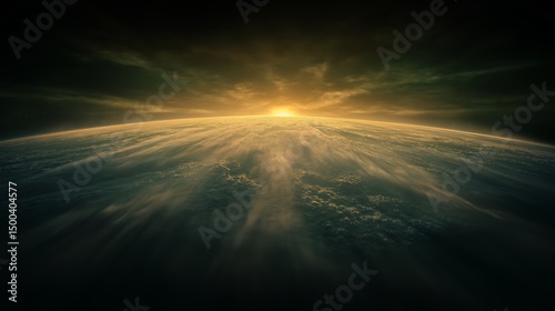 Horizon's Embrace: A breathtaking celestial panorama unfolds, showcasing the vibrant transition between day and night, casting a dramatic glow across the earth's surface.