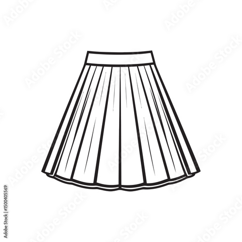 Outlined monochrome pleated skirt stands alone against the pristine white background showcasing fashion
