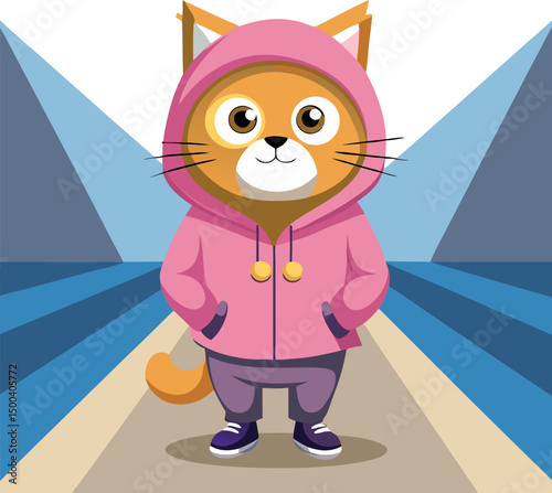 Cat swearing pink hoodie standing straight in the runway