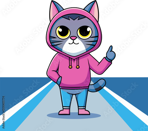 Cat swearing pink hoodie standing straight in the runway
