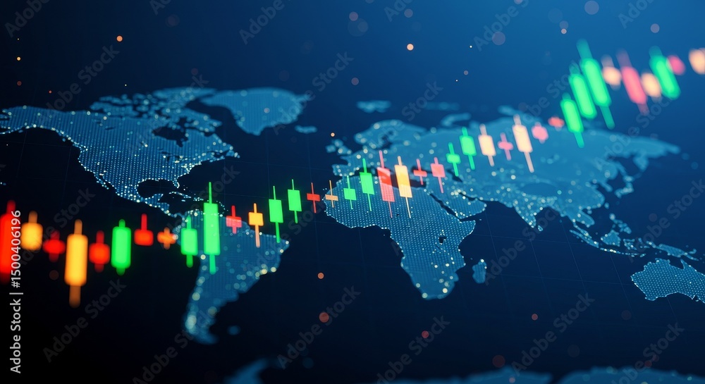 Fototapeta premium Digital Trading Data Visualization Over Blue World Map Background Photo