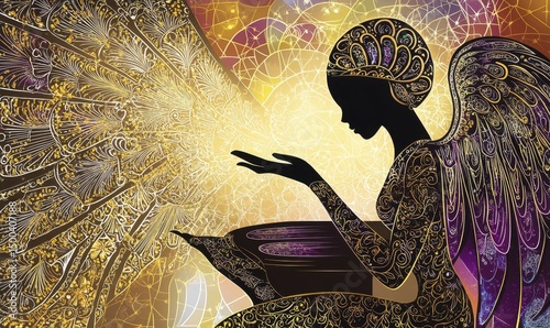 Angelo custode, silhouette femminile, arte digitale, luce dorata