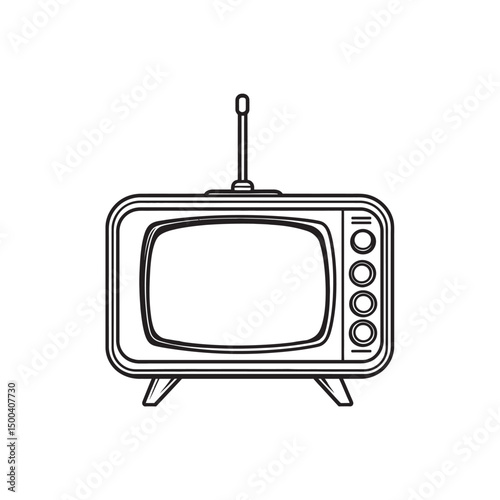 Outlined retro television with antenna and circular knobs stands on two small legs